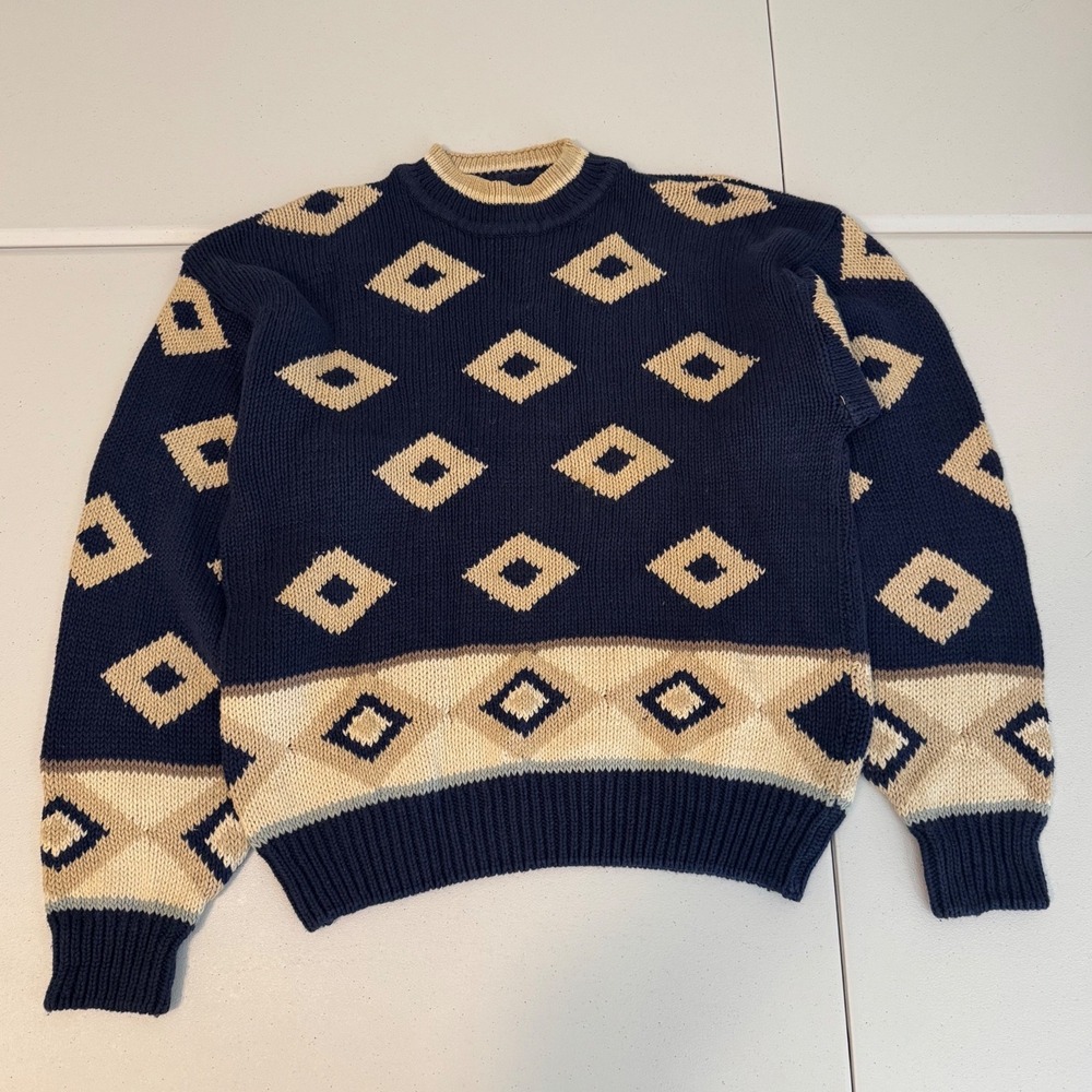 Vintage Sahara Club Navy Diamond Knit Sweater Mens Large Ramie Cotton 90s rr